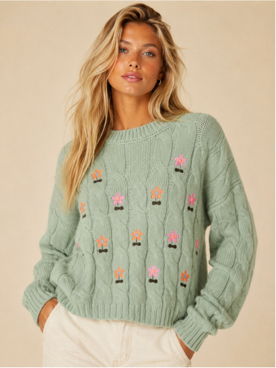 Willow & Wind Sweaters - Willow & Wind Cable Knit Floral Sweater Embroidered Cropped Chunky Coquette Boho